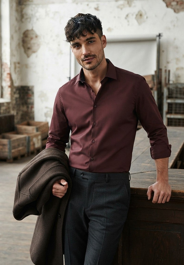 Mann in burgunderrotem Business-Hemd, elegant kombiniert mit grauer Hose, steht lässig im Industrial-Setting