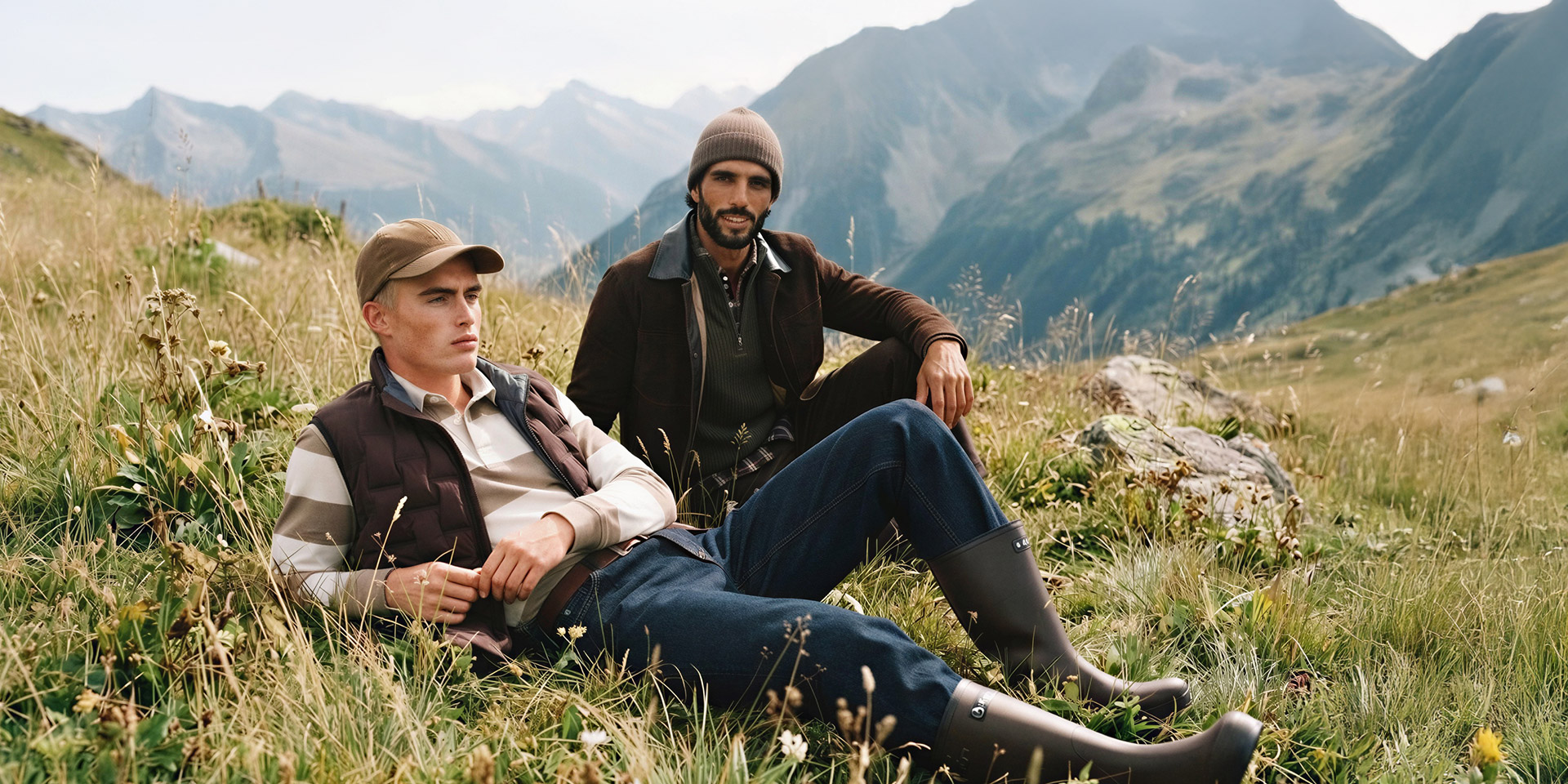 Zwei Männer in Outdoor-Bekleidung im Gebirge, braune Steppweste und khakifarbene Cargohose, bequemer Sitz