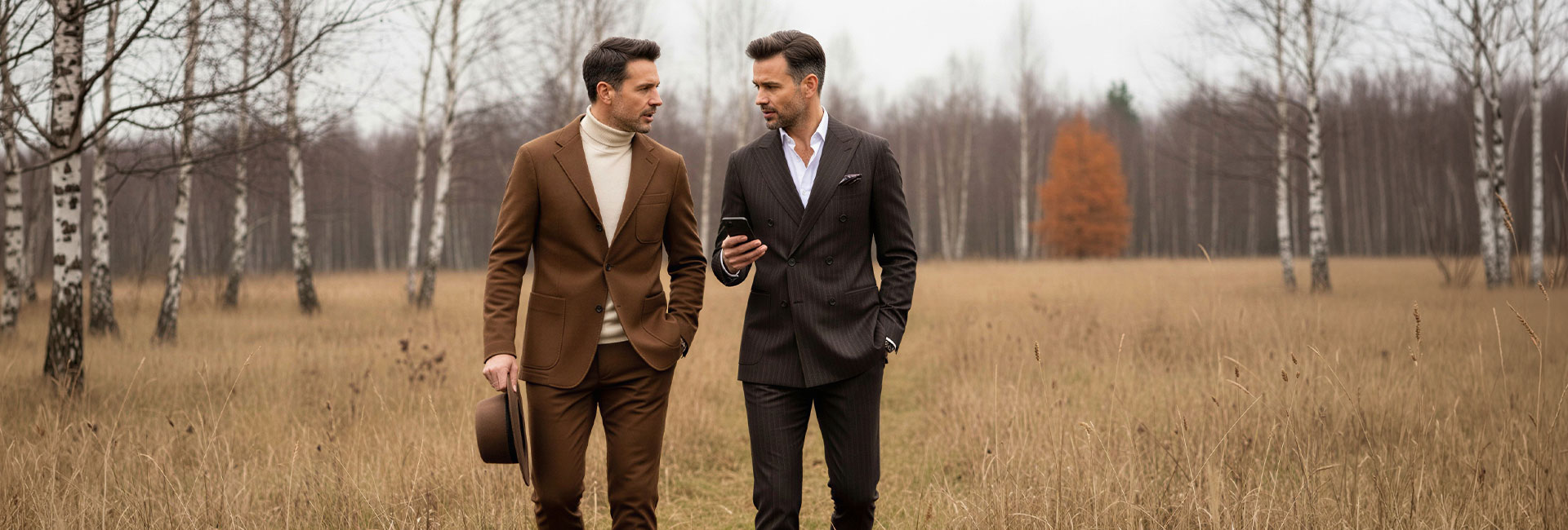 Zwei Männer im braunen Anzug und dunkelgrauem Anzug im Herbstwald, elegant gekleidet