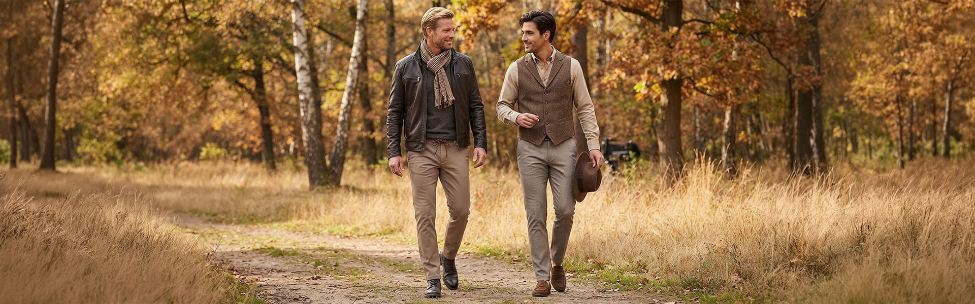 Zwei Männer in Herbstmode: Lederjacke mit Schal, Tweedweste mit Hemd, spazieren im Wald