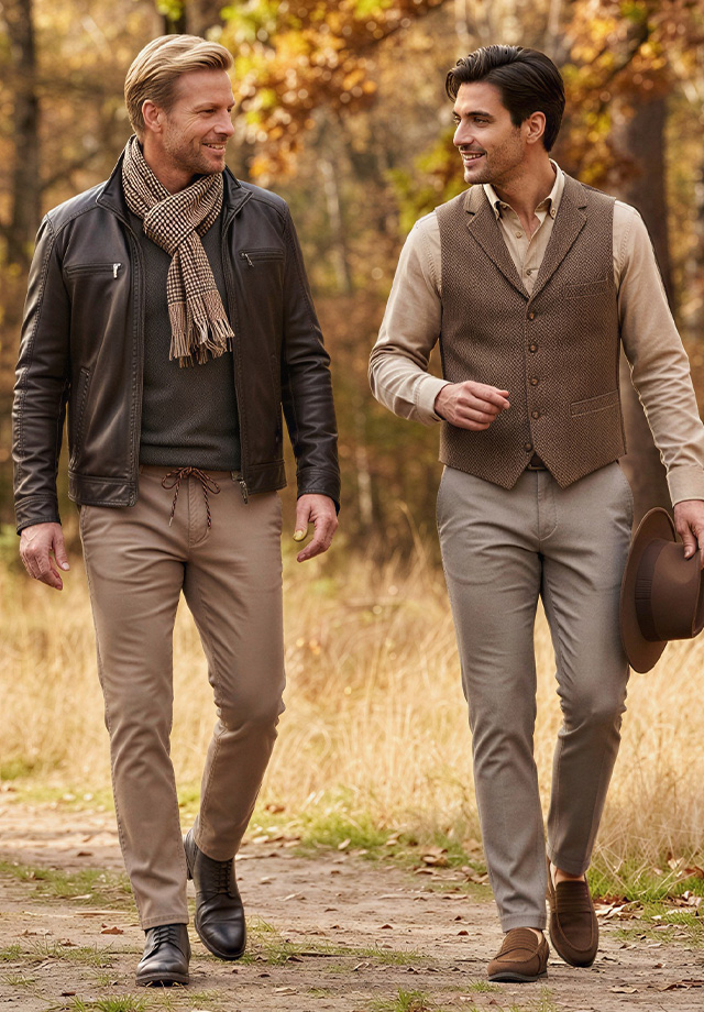 Zwei Männer in Herbstmode, einer in brauner Lederjacke und Schal, der andere in beiger Weste mit Hut.