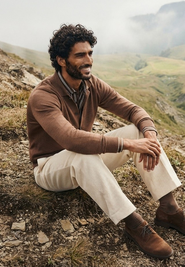 Hellbrauner Strickpullover und cremefarbene Cordhose, lässig im Freien getragen