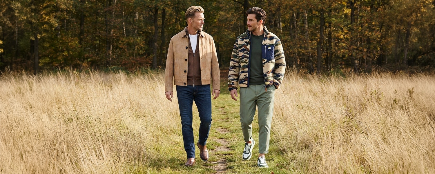 Zwei Männer in Herbstjacken und Freizeitkleidung, einer mit heller Wildlederjacke, der andere mit Camouflage-Fleecejacke, spazieren im Wald.