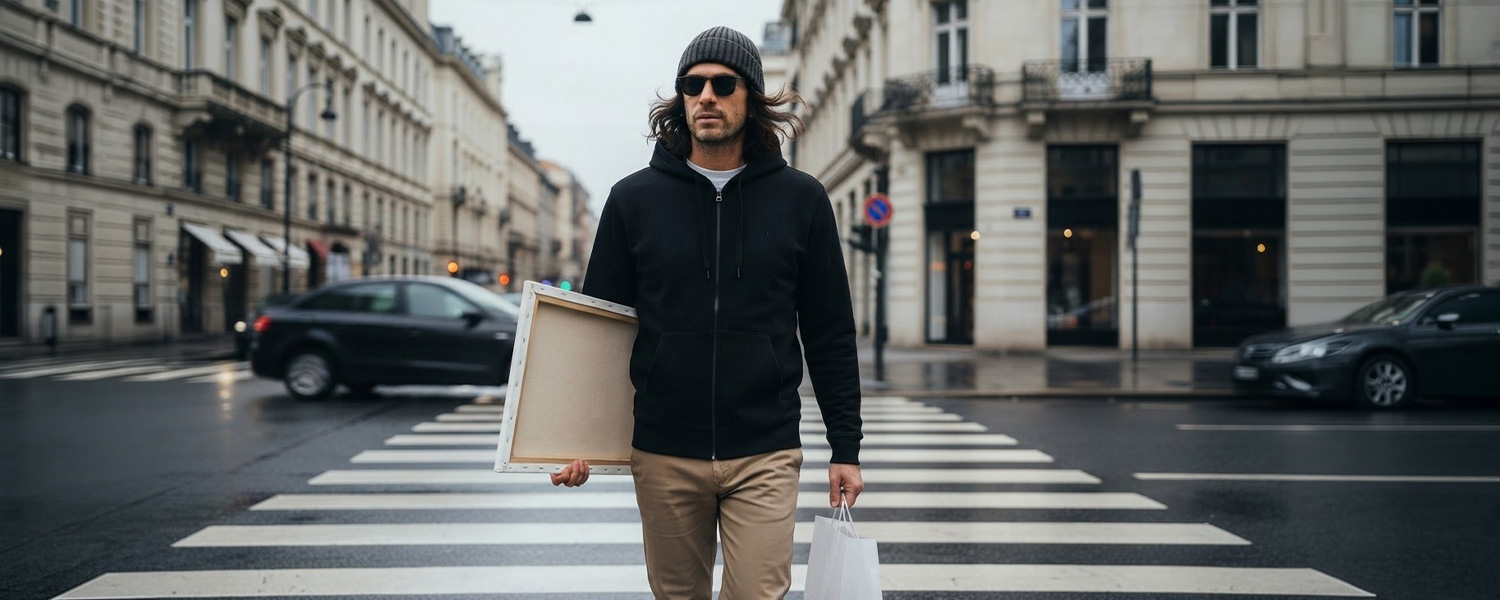 Mann in schwarzem Hoodie und beiger Hose mit Kunstwerk auf der Straße