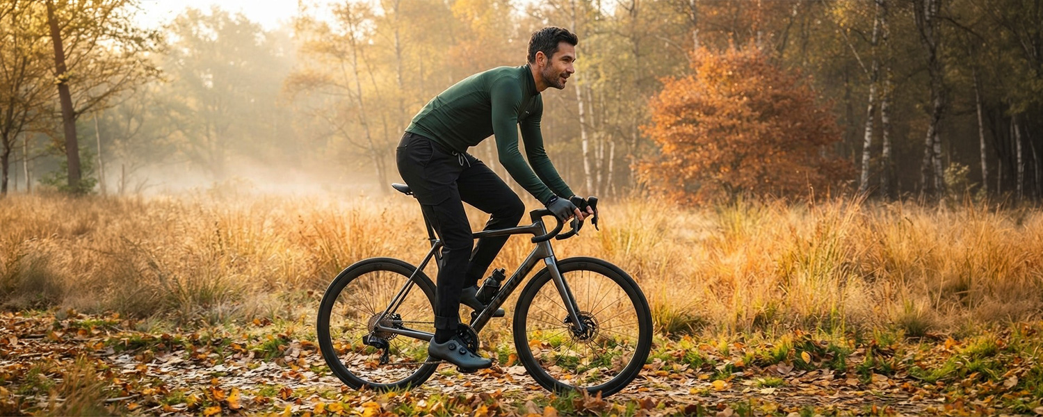 Mann in grüner, langärmliger Sportjacke auf Fahrrad in herbstlicher Landschaft.