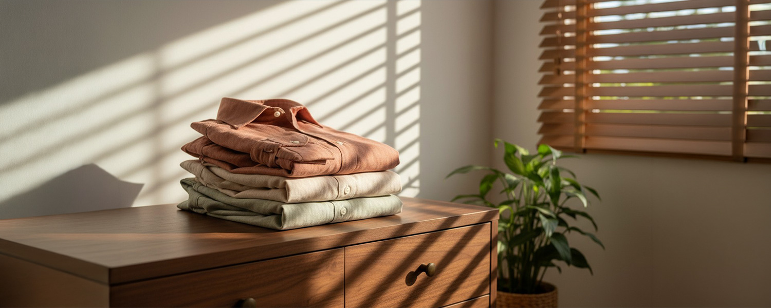 Gefaltete Hemden in Terrakotta, Beige und Oliv, Leinenmischung, auf Holztisch im Sonnenlicht