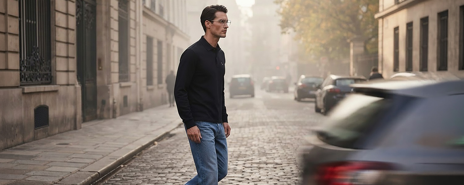 Mann in schwarzem Poloshirt und blauer Jeans beim Überqueren der Straße