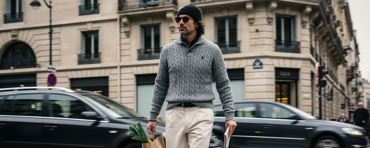 Heller Strickpullover mit Zopfmuster, getragen mit hellen Chinos, in urbaner Umgebung