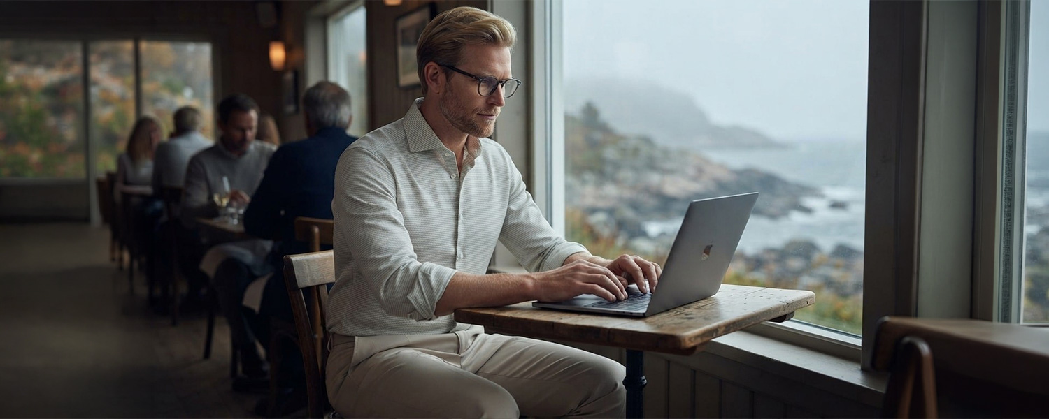 Hellgraues Business-Hemd, dezent gemustert, getragen von Mann beim Arbeiten am Laptop in Café mit Meerblick