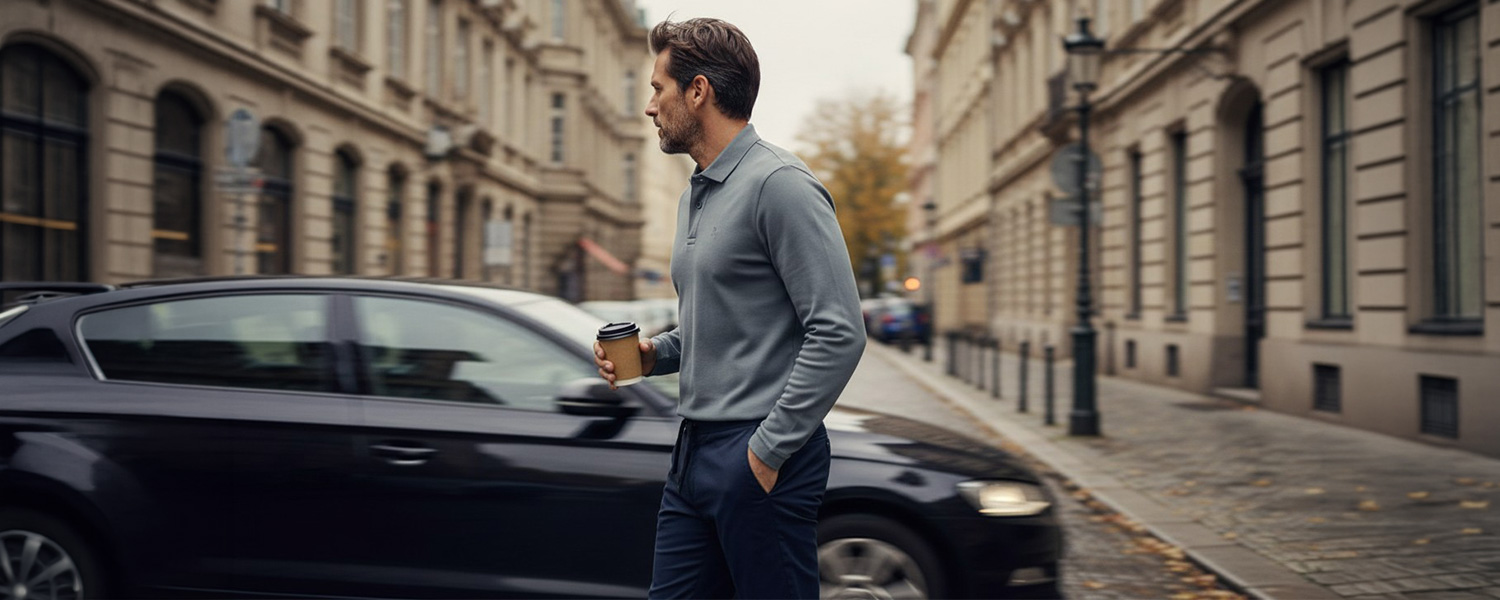 Mann in grauem Poloshirt aus Baumwolle, lässig in der Stadt mit Kaffeebecher