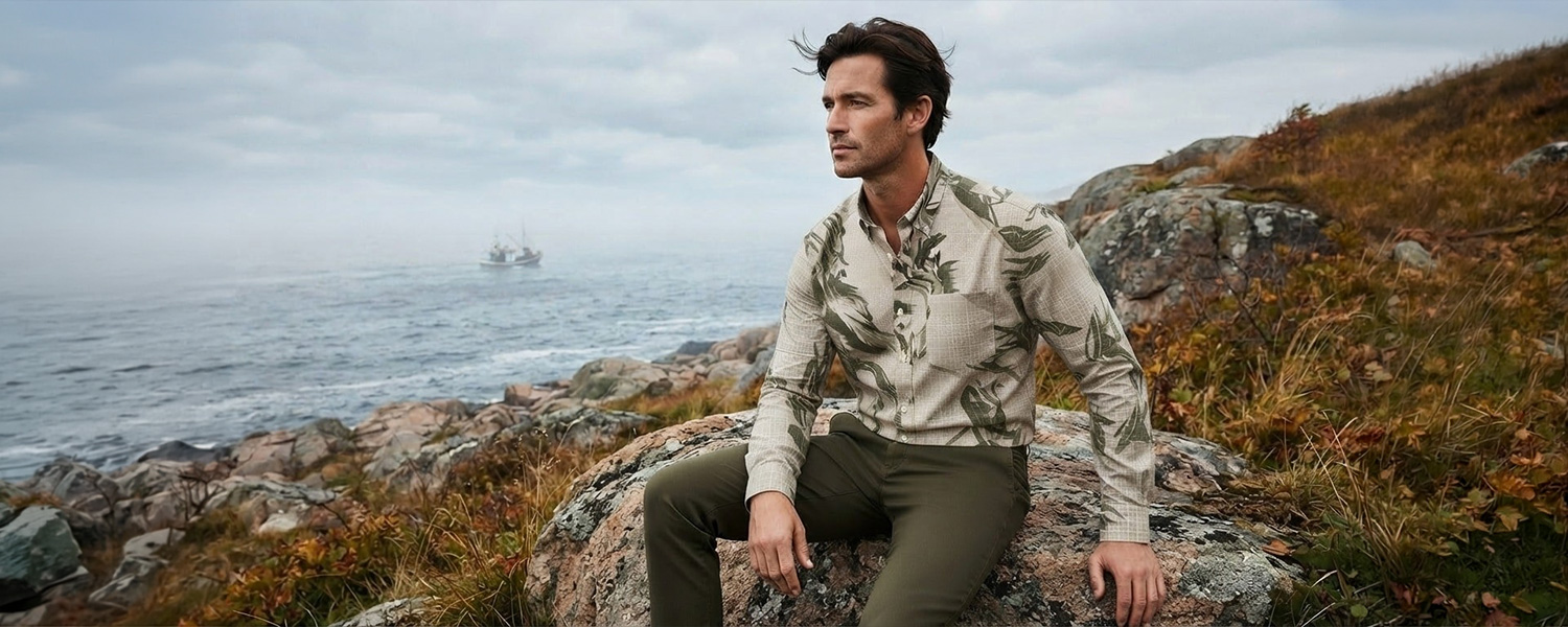 Hellbeiges Freizeithemd mit Blattmuster, getragen im Freien auf Felsen