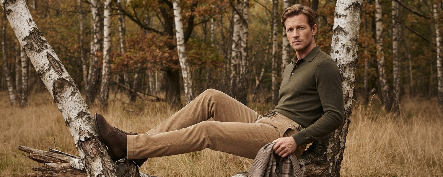 Braunes Poloshirt und beige Cordhose, Mann sitzt leger im Birkenwald