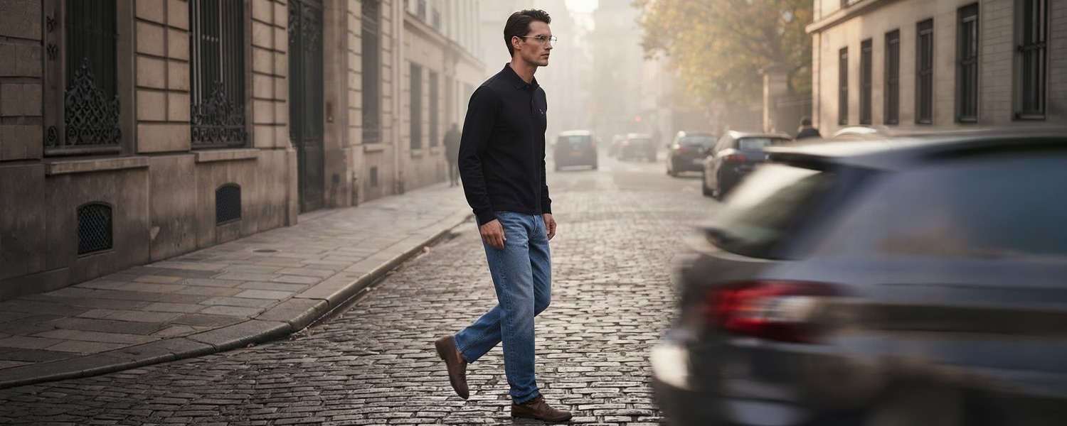 Mann in dunkelblauem Langarm-Poloshirt und blauen Jeans auf einer städtischen Straße
