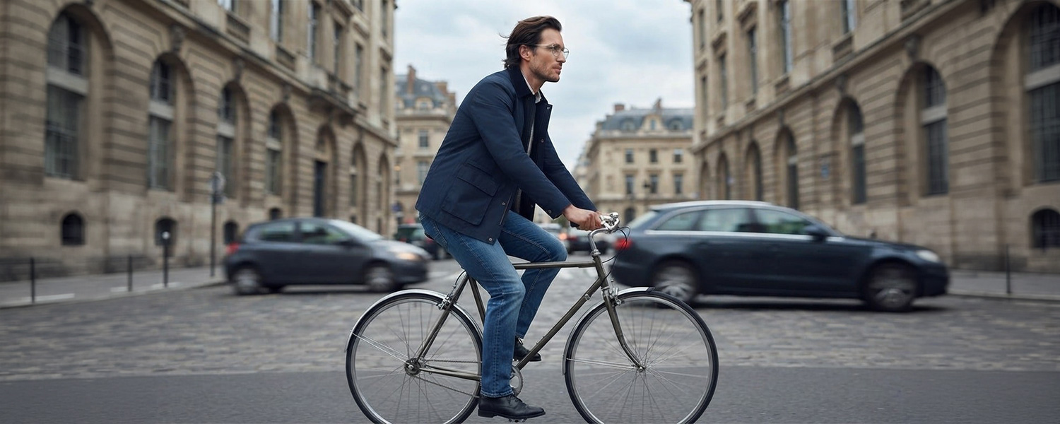 Mann in marineblauer Jacke und blauer Jeans auf einem Fahrrad in der Stadt