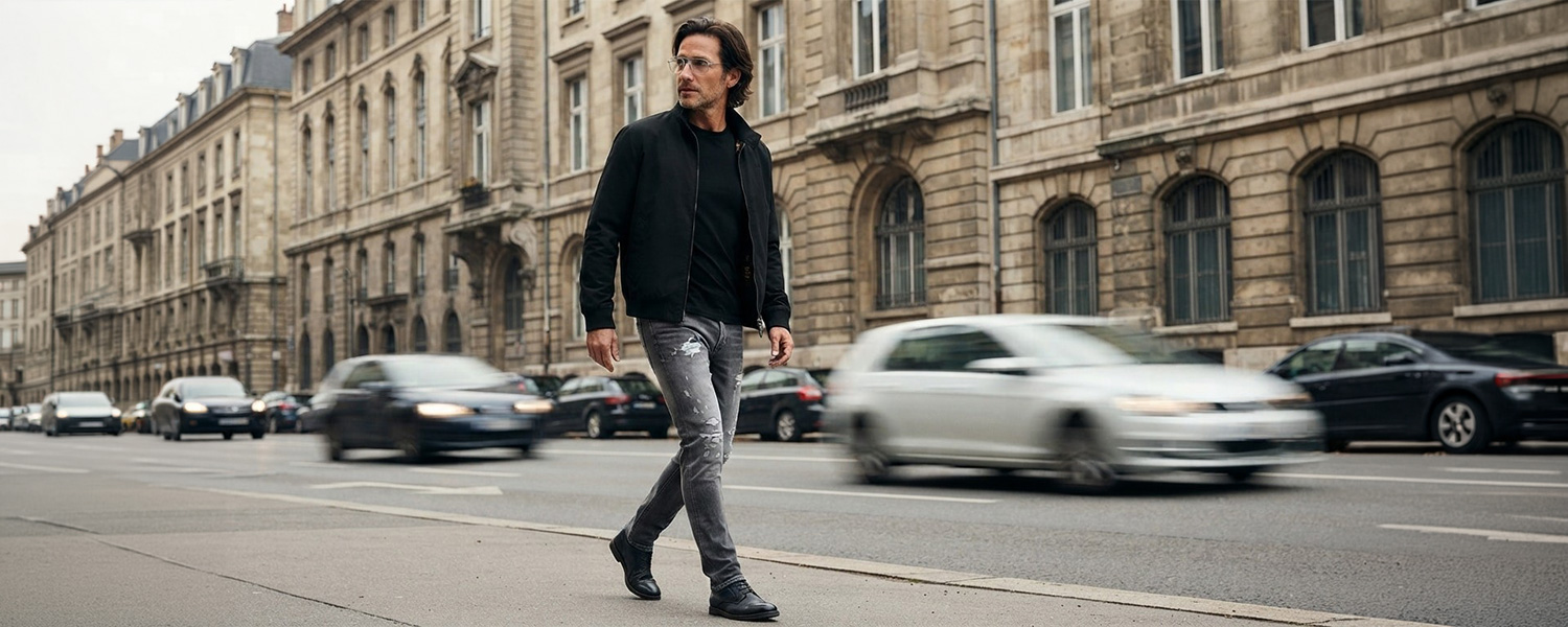 Mann in schwarzer Jacke und grauer Jeans auf Stadtstraße gehend