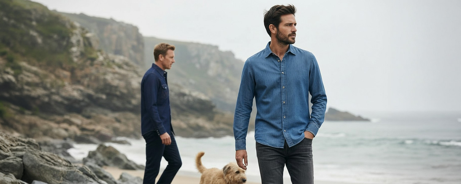 Herren in blauen Jeanshemden am Strand, lässig getragen