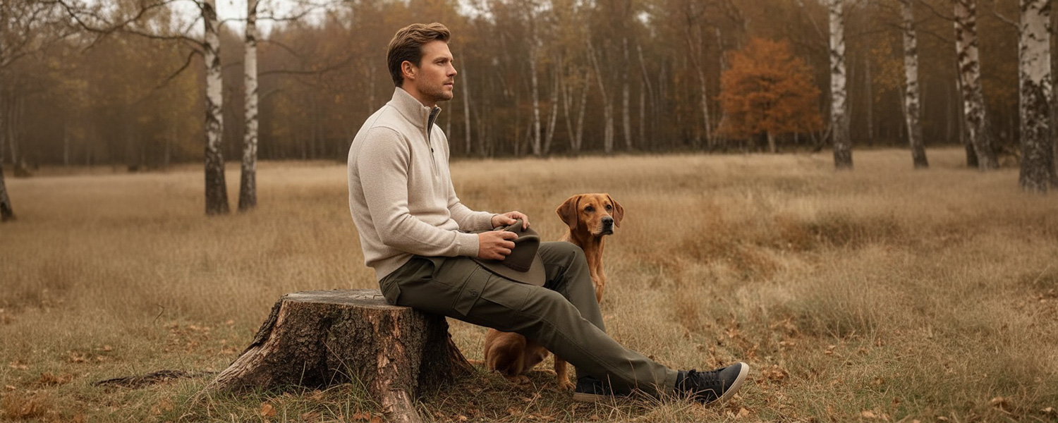 Mann in cremefarbenem Strickpullover mit Zip-Kragen und olivgrüner Hose im Wald sitzend