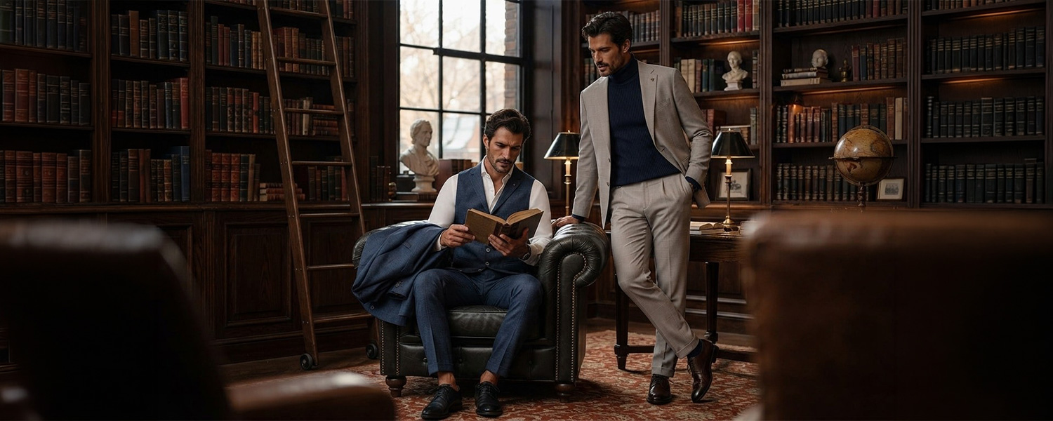 Zwei Männer in grauem Anzug und blauem Anzug in eleganter Bibliotheksszenerie
