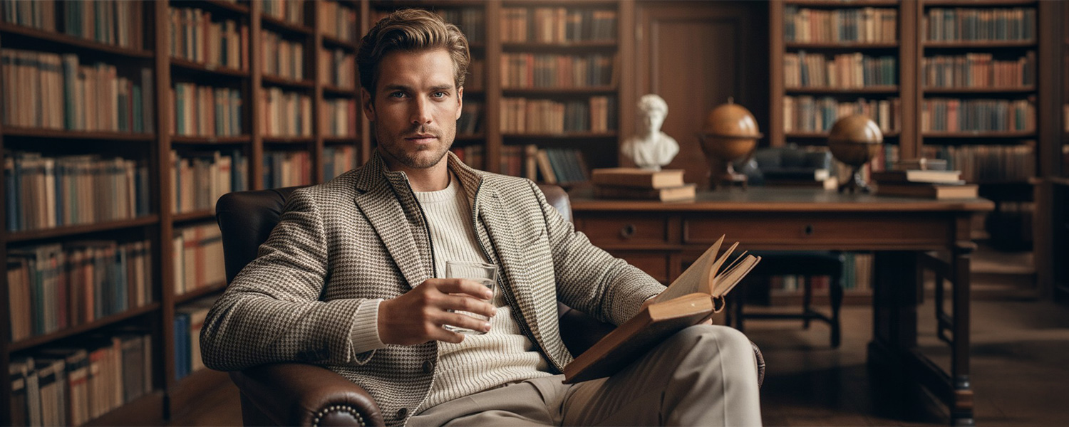 Mann in kariertem Sakko und cremefarbenem Pullover sitzt mit Buch in eleganter Bibliothek