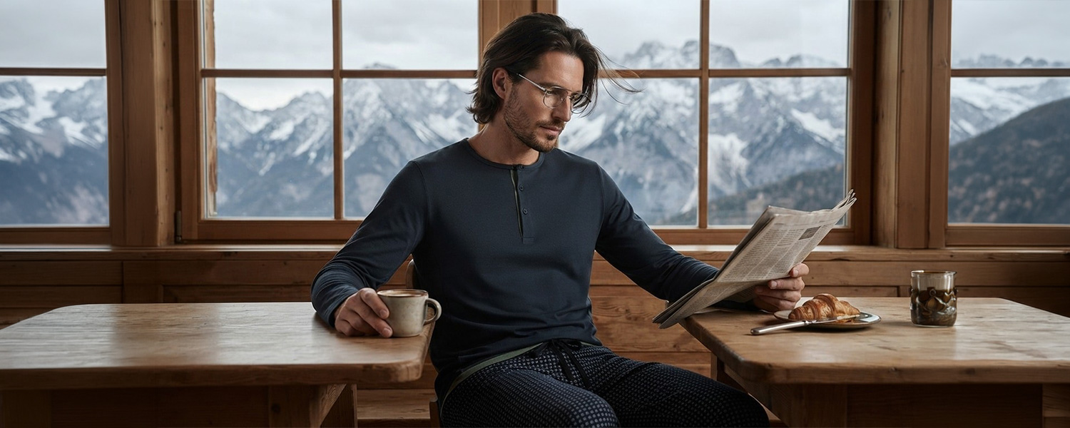 Mann in blauem Langarmshirt aus Baumwolle, entspannt am Tisch sitzend, mit Tasse und Zeitung