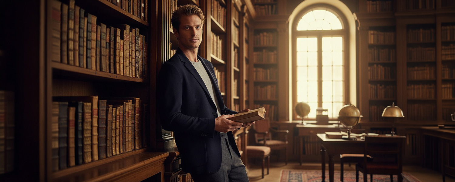 Mann in dunkelblauem Blazer und grauem Pullover, leger in Bibliothek