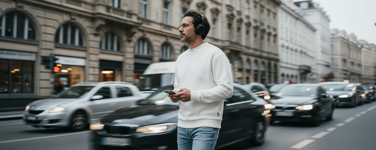 Mann in weißem Sweatshirt aus Baumwolle und Jeans, lässig in der Stadt spazierend