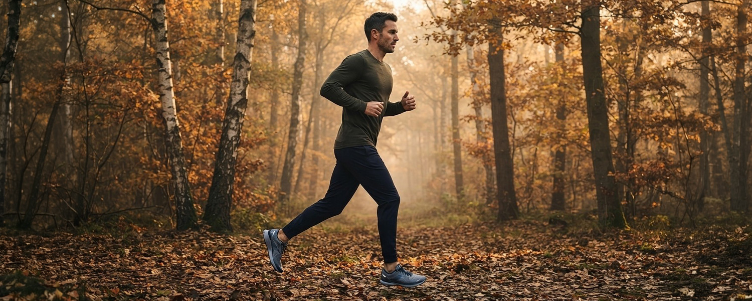Mann in olivgrünem Langarmshirt und blauer Jogginghose beim Laufen im Wald