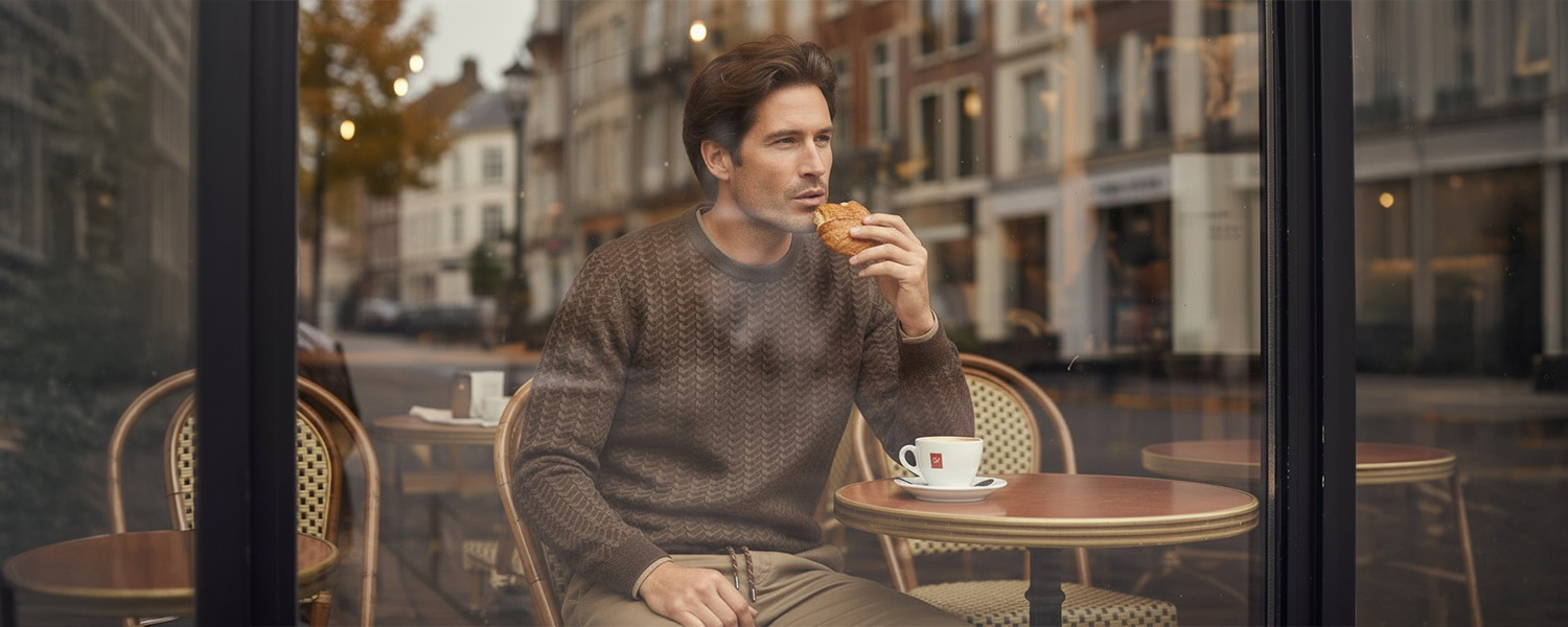Brauner Strickpullover aus Wolle, getragen von einem Mann beim Frühstück in einem Café