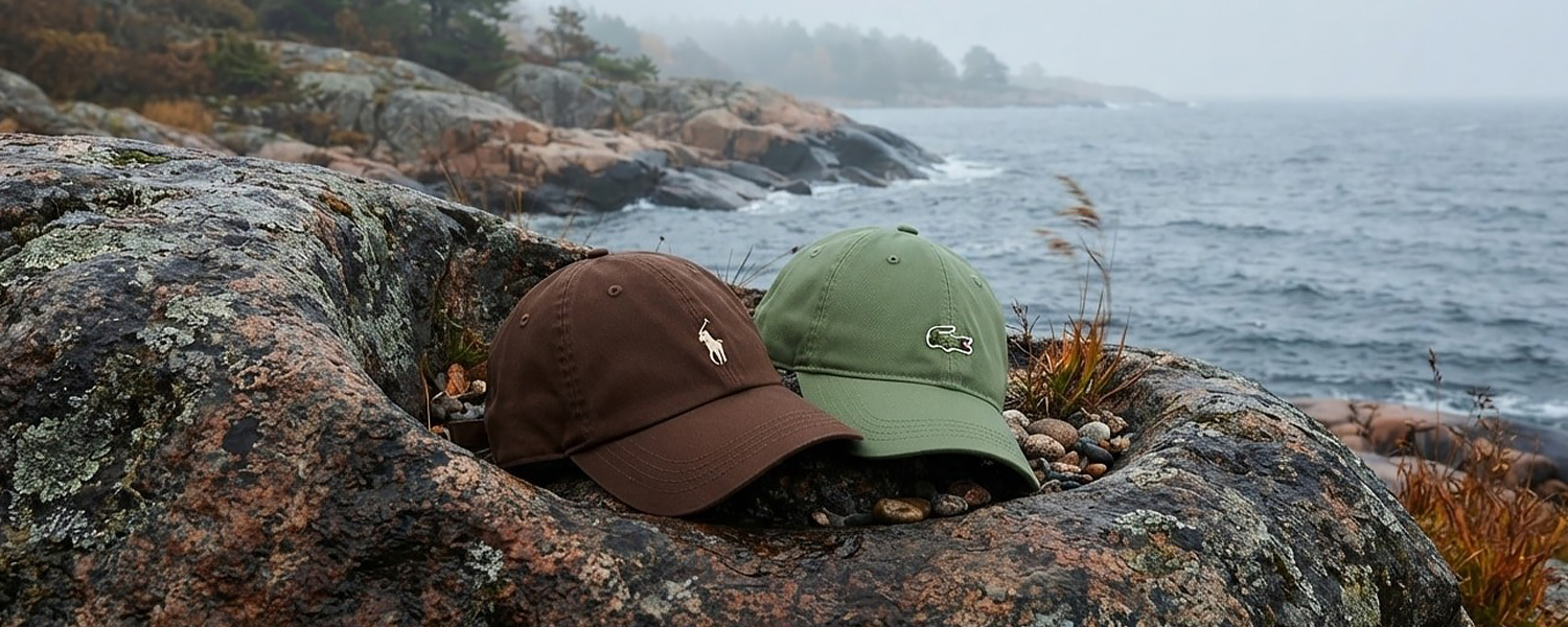 Zwei Baseballkappen in Braun und Grün aus Baumwolle auf Felsen am Meer