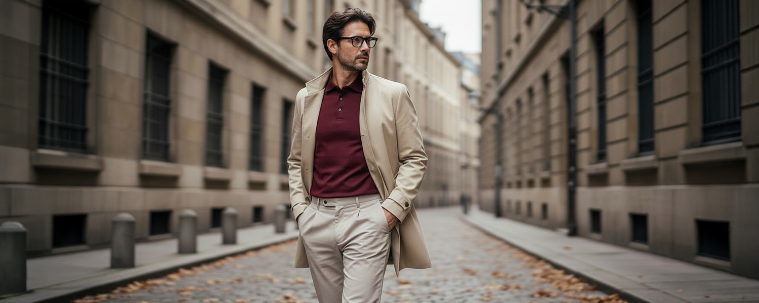 Hellbeiger Trenchcoat über weinrotem Poloshirt, elegante Businesshose, getragen von Mann in Stadtumgebung