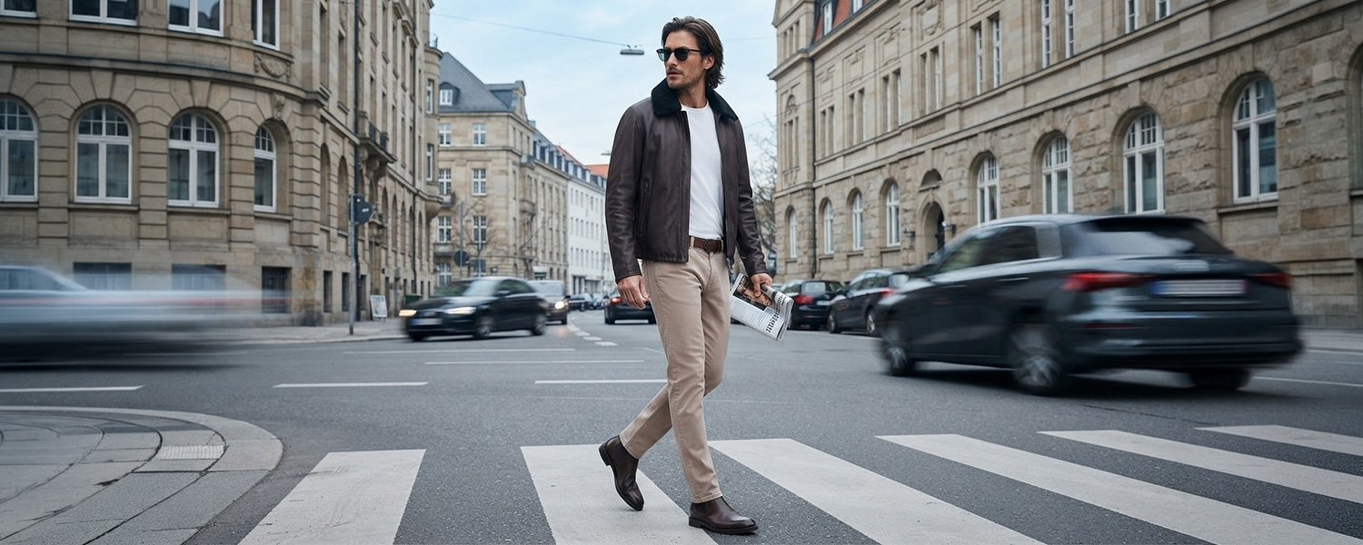 Mann mit brauner Lederjacke und beiger Hose auf Zebrastreifen, lässig-elegant gekleidet, Tageslicht