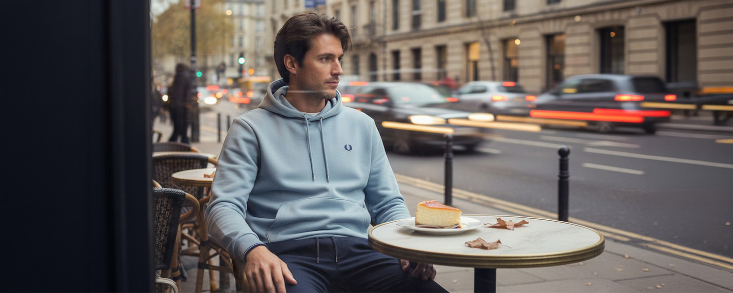 Hellblauer Hoodie aus Baumwolle, lässig im Straßencafé getragen