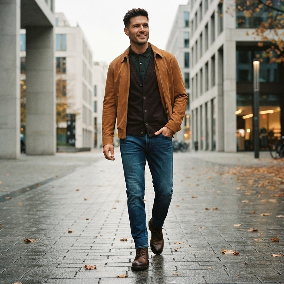 Mann in brauner Wildlederjacke, blauem Jeans und Cardigan, lässiger Stadtbummel
