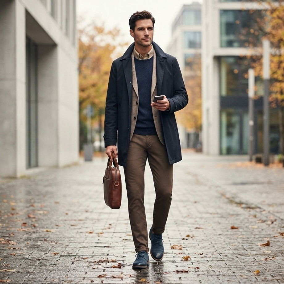 Mann in dunkelblauem Mantel und brauner Chinohose mit Ledertasche, herbstlich gekleidet