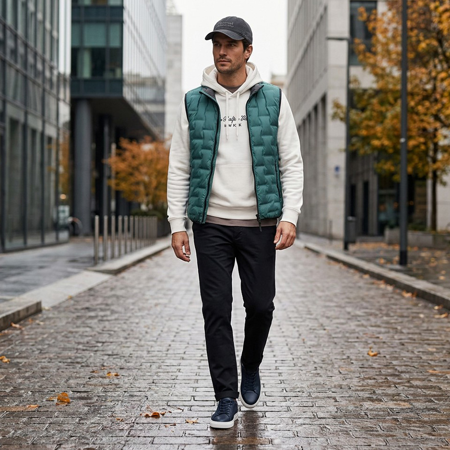 Herbstoutfit mit dunkelgrüner Steppweste, hellgrauem Hoodie, schwarzer Hose und Sneakern auf städtischer Straße